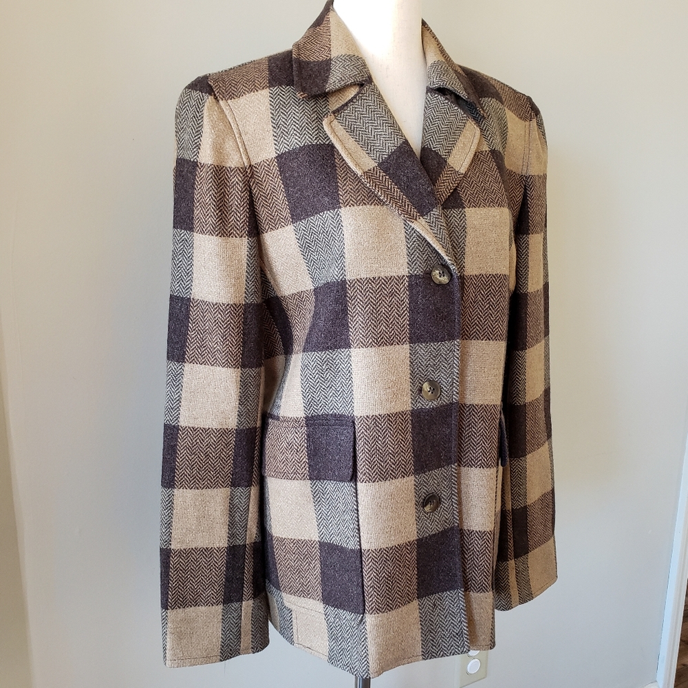 Vintage Herringbone Plaid Oversized Blazer Jacket Tweed Wool Blend Size M